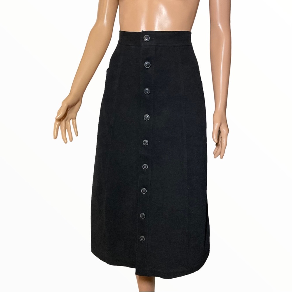 NWT BRIDGE & BURN Evelyn Black Midi Button Closure A-Line Cotton Blend Skirt S